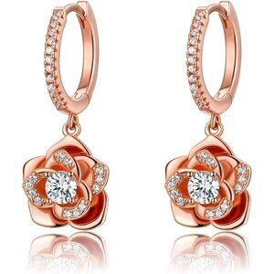 Women's Dainty Rose Gold Dangle Flower Pearl Cute Unique Flower Earring